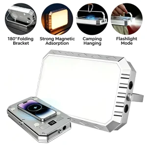 Magnetic Rechargeable LED Camping Light Wireless Power Bank Foldable Hook 3 Color Stepless Dimmable Emergency Flashlight