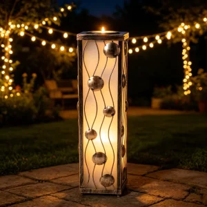 Metal Solar Garden Lantern, Leaf Disc Pattern, Outdoor Floor Lamp, Vintage Bronze Finish, Waterproof LED Light, Patio, Deck