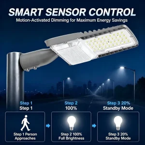Microwave Motion Sensor LED Street Light 150W 200W Auto On Off Dimming 20%-100% Outdoor Lighting for Parking Lot Pathway