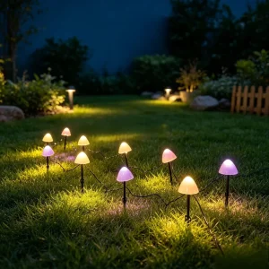 Mini Mushroom Solar Stake Lights RGB Color Changing Garden Pathway String Lights for Yard Lawn Landscape Decoration