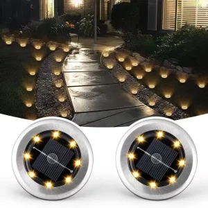 Mini Stainless Steel Solar Disk Light with 8 LEDs and Photocell for Garden Pathway Deck