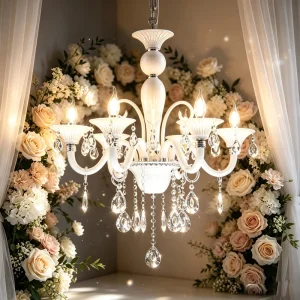 Modern 6-Arm White Crystal LED Chandelier for High Ceilings and Restaurants