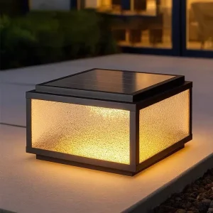 Modern Black E27 LED Solar Pillar Lamp IP65 Waterproof Copper Glass Warm White Outdoor Garden Fence Courtyard Villa