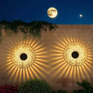 Modern Farmhouse Style Iron Mandala Projection Wall Mounted Auto On Off Fence Security Solar LED Garden Light
