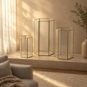 Modern Glass Gold Hexagon Hurricane Lantern with Mirror Bottom for Wedding Centerpieces Party Christmas