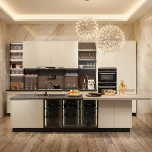Modern Modular Solid Wood Walnut-Texture Kitchen Cabinets, Soft-Close Frameless Custom Apartment Layout