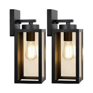 Modern Outdoor LED Wall Lamp E26 Sockets Matte Black Aluminum Glass Shades Waterproof Exterior Lantern for Porch Front Garden