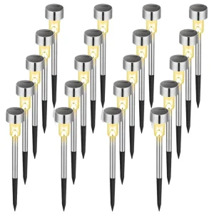 Modern Solar Pathway Lights Stainless Steel IP44 Waterproof Auto On Off Outdoor LED Landscape (20 Pack Warm White)