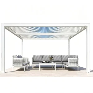 Modern White Electric Louver Roof Aluminum Pergola with Outdoor Furniture Sofa Set for Backyard Poolside Shade