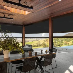 Motorized 100% Blackout Outdoor Blinds, Windproof, Waterproof, Retractable, Vertical, Remote Control, Battery Powered