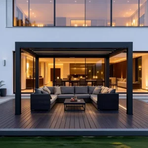 Motorized Retractable Louver Pergola with Rain and Pressure Sensor Powder Coated Aluminum Frame