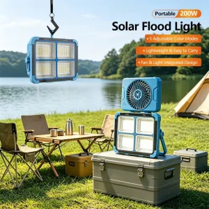 Multi Scene Application 200W Red Blue Strobe Abs Glass Type Floodlight Camping Hiking Hand Held LED Solar Flood Light with Fan