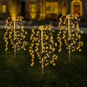 Newest Version Outdoor Waterproof Led Solar Little Willow Tree Patio Garden Lawn Party Decorative Ground plug Landscape Lights