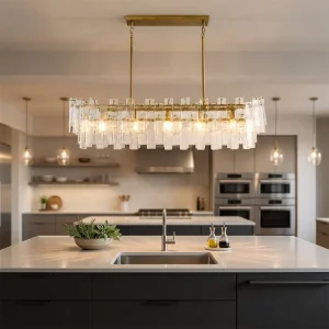 Nordic Iced Glass Linear Chandelier, Vintage Copper Rectangular LED Pendant for Dining Room and Kitchen