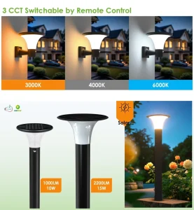 OEM 1000LM High Brightness Solar Post Light 3CCT Switchable 3000K 4000K 6000K Remote Control for Garden Park Villa Pathway