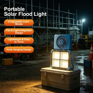One Stop Sourcing 200W Red Blue Strobe Abs Glass Type Floodlight Camping Hiking Hand Held LED Solar Flood Light with Fan