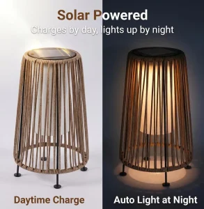 Outdoor Floor Solar Light Patio Lamp IP44 Lantern Black PE Rattan Outside Deck Lamp for Porch Yard Garden Lawn Decorations