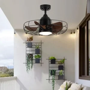 Outdoor Herringbone Pavilion Aluminum-Blade Waterproof LED Ceiling Fan Light with Remote Control, 6-Speed, Industrial Design