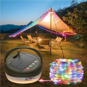 Outdoor IP45 Waterproof Portable Solar Rechargeable 2500mAh 10 RGB Camping Lantern Light With 10M 130 LED String Light