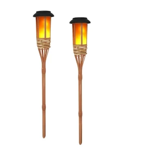 Outdoor IP65 Waterproof Bamboo 12 LED Flame Solar Pathway Light 360 Beam Angle Light Sensor for Garden Courtyard Decoration