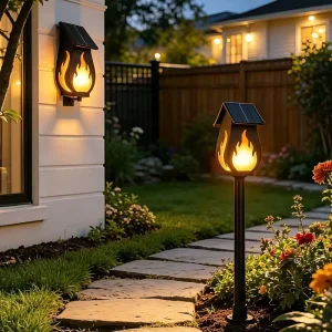 Outdoor IP65 Waterproof Solar LED Wall Light Flame style Ground insert Lamp Dimmable Garden Ambiance Landscape Decoration