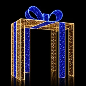 Outdoor Illuminated LED Blue Gold Gift Box Arch Motif Light for Theme Park Entrance Decoration