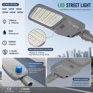 Outdoor LED Road Light 130LM/W 170LM/W IP66 50W-300W Street Lighting Fixture Warranty