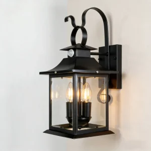 Outdoor LED Wall Lamp with Human Body Sensor Black Transparent Glass Lampshade Modern Garden Waterproof Exterior Wall Lamp
