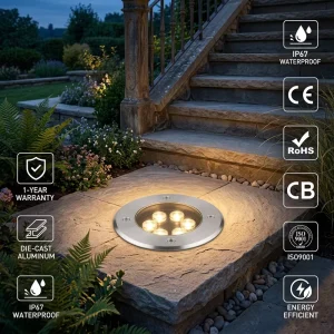 Outdoor Landscape IP67 Die-Cast Aluminum 24V Warm White Garden Round Deck Inground Recessed LED Light