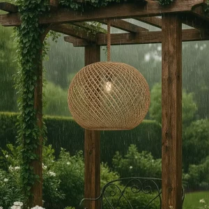 Outdoor Rattan Pendant Light Hardwired IP54 Waterproof PE Wicker Ceiling Lamp for Villa Patio Resort
