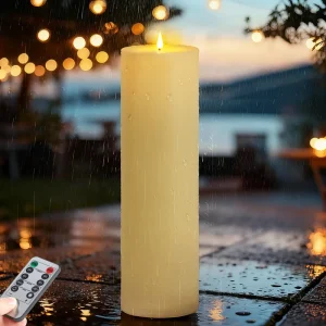 Outdoor Rechargeable Flameless Candle Light Waterproof IP44 Ivory White Remote Control Battery Operated for Porch Garden Patio