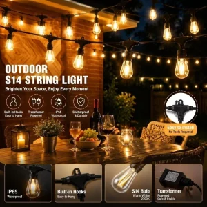 Outdoor S14 String Lights Waterproof Patio Lights IP65 Decorative LED Hanging Lights for Garden Party Wedding Cafe Decor