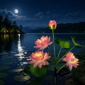 Outdoor Solar Aluminum Lotus Lamp with IP65 Waterproof Rechargeable LED Battery 70cm Light Sensor Control for Garden Decoration