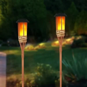 Outdoor Solar Flame Torches with Flickering LED Lawn Light IP65 Waterproof Bamboo Floor Plug Warm White for Garden