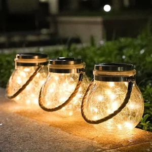 Outdoor Solar LED Mason Jar Light with Hemp Rope and Crack Glass Bottle