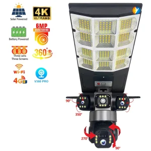 Outdoor Solar Street Light with CCTV Camera 12MP Triple Lens 4G WiFi All in One PIR Sensor Security Lamp for Garden Road