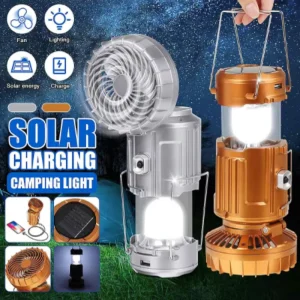 Outdoor USB Rechargeable Solar LED Camping Lamp Lantern Fan with Hanging Hook