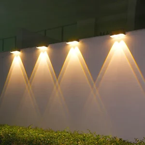 Outdoor Waterproof Deck Wall Lamp Solar Powered LED Lighting with Three Color Dimming and Double Head for Garden Fence Exterior