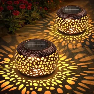 Outdoor Waterproof Hollowed-Out Retro Metal Solar Lantern Lights for Outside Garden Yard Patio Indoor Tabletop Decor