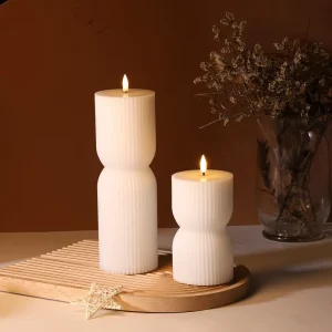 Paraffin Wax 3D Real Flame White Pillar Stripe Remote Control Flickering Flame Shape LED Candles