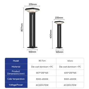 Path Driveway Front Yard Die-Cast Aluminum PC 10W Outdoor Solar Garden Decorative Lawn Bollard Light