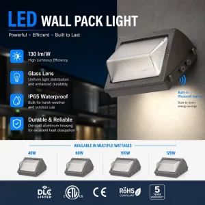 Photocell LED Wall Pack Light 130lm W Glass Cover IP65 Waterproof DLC ETL 40W 60W 100W 120W Dusk to Dawn Outdoor Wall Lamp