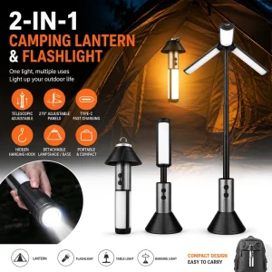 Portable 2-in-1 LED Camping Lantern Flashlight Rechargeable Telescopic IP65 Waterproof 6000K Daylight Adjustable Panels Hanging