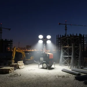 Portable Construction Telescoping Light Tower with Manual Crank Elevation and Compact Storage