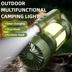 Portable LED Camping Lantern with Fan Solar Charging 2000mAh Rechargeable Emergency Lamp IP44