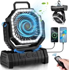 Portable Outdoor LED Camping Lantern with Wind-Resistant Tent Fan, Remote Control, 10000mAh Battery, Power Bank, and ABS Housing