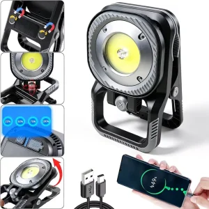 Portable Rechargeable LED Work Light with Clamp, USB Type-C, Magnetic Base for Car Repair and Camping