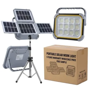 Portable Solar Powered LED Work Light Foldable Design 4 Panel Charging Handheld Tripod