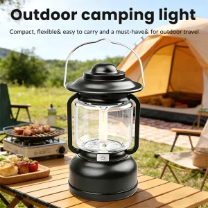 Portable Vintage Type-C Rechargeable LED Hanging Tent Lantern with Red Strobe for Camping and Emergencies