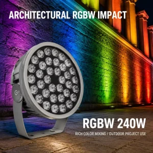 Programmable RGBW LED Flood Light 240W DMX512 IP65 Outdoor Round Spot Light for Palace Facade Cable Stayed Pier V370